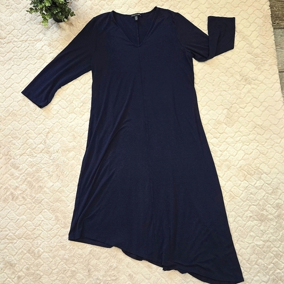 Eileen Fisher Dresses & Skirts - Eileen Fisher Navy Blue V-Neck Asymmetrical Hem Shift Dress, Size Large